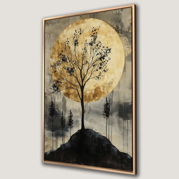 Framed Wall Art: Abstract tree silhouette against a golden moon. Modern art in a neutral palette of gold, black, and gray. Perfect for any decor!