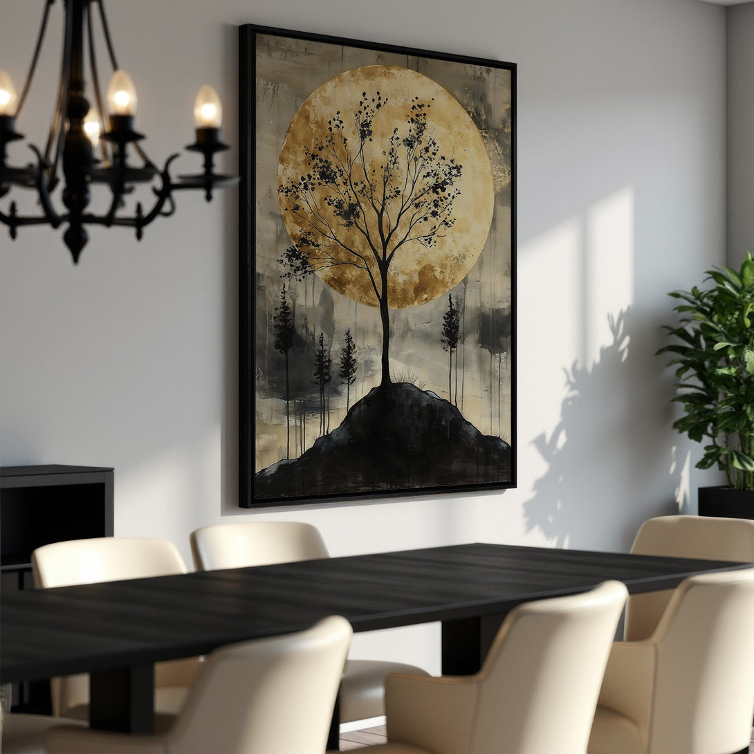 Framed Wall Art featuring a tree silhouette against a golden moon. Abstract style, neutral color palette. Perfect for dining room decor.