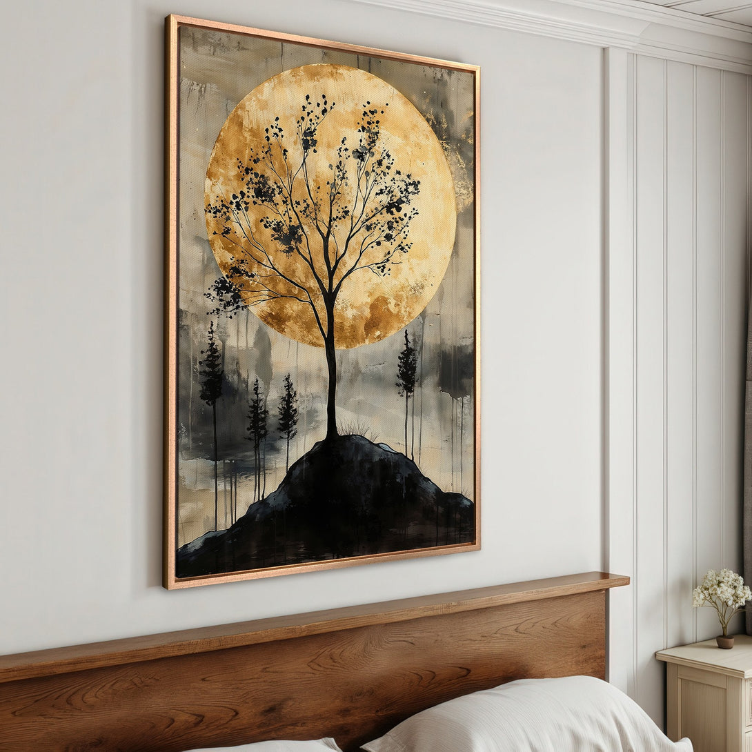Framed Wall Art: Abstract tree art in gold and black. Modern canvas print with a warm, neutral color palette, perfect for bedroom decor.