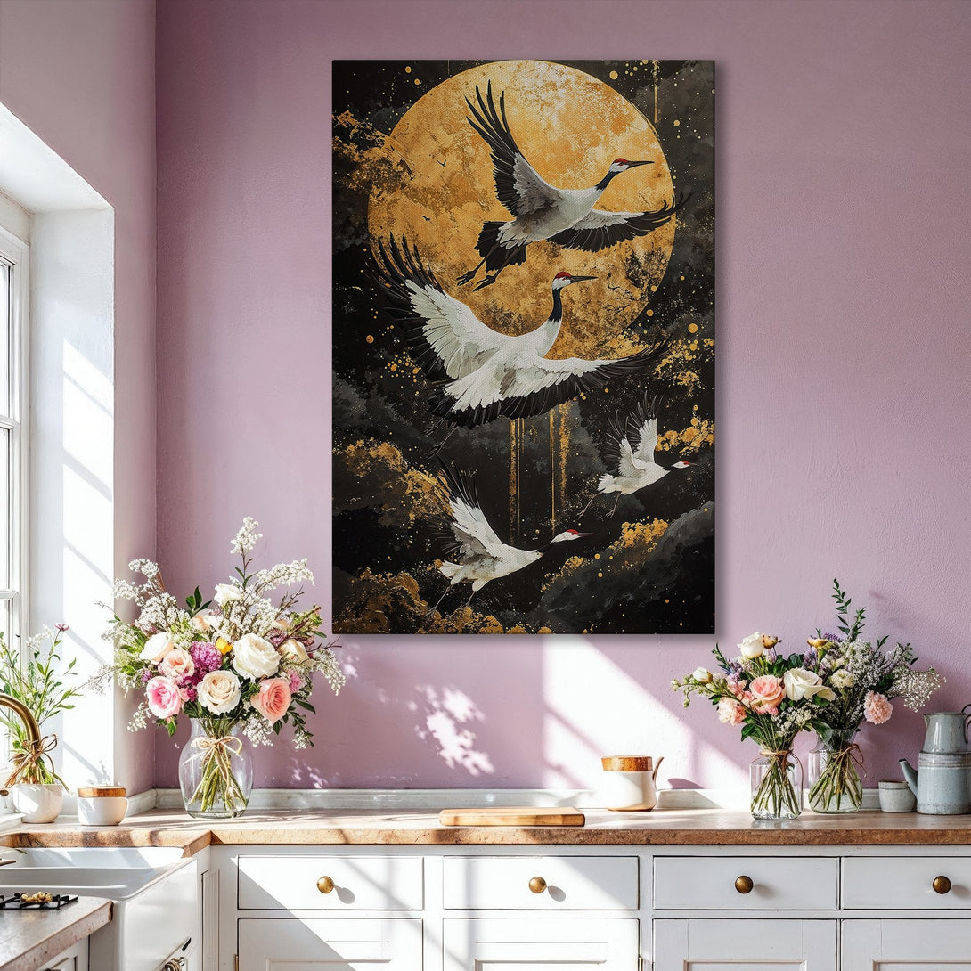 Framed Wall Art: Cranes in flight, black & gold abstract painting. Modern art Canvas Print adds elegance to any interior. Shop now!