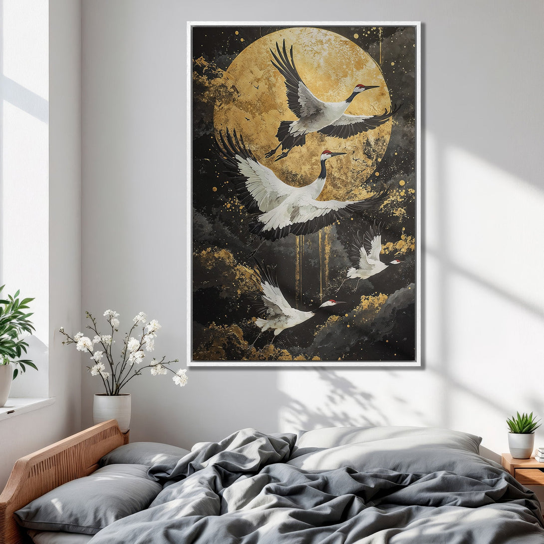 Framed Wall Art: Japanese crane painting in gold, black, & white. Perfect for bedroom decor. Add a touch of elegance with this stunning canvas print.