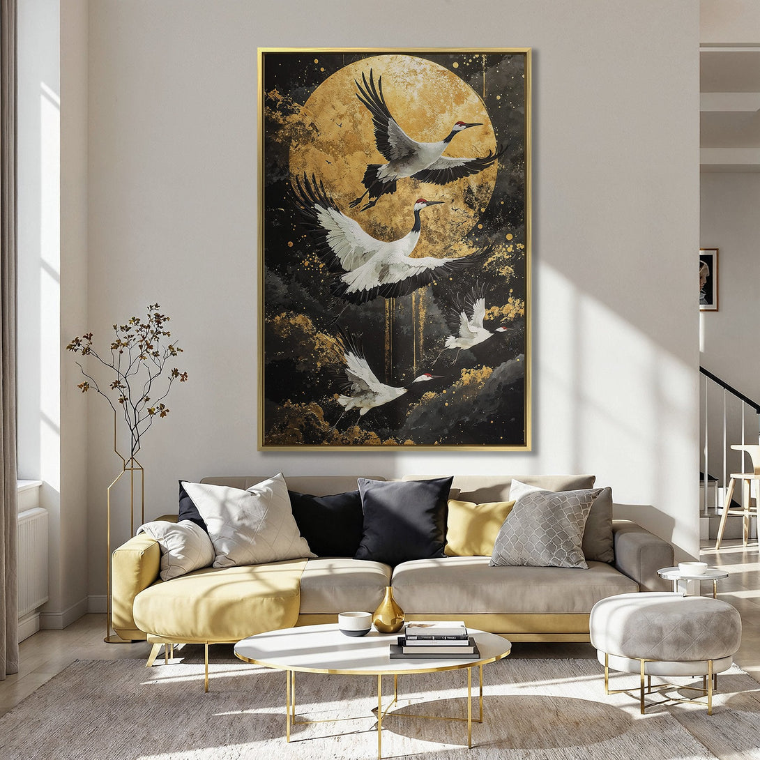 Canvas Print of Japanese cranes in flight against a gold moon, black & gold abstract art, perfect for modern home decor.