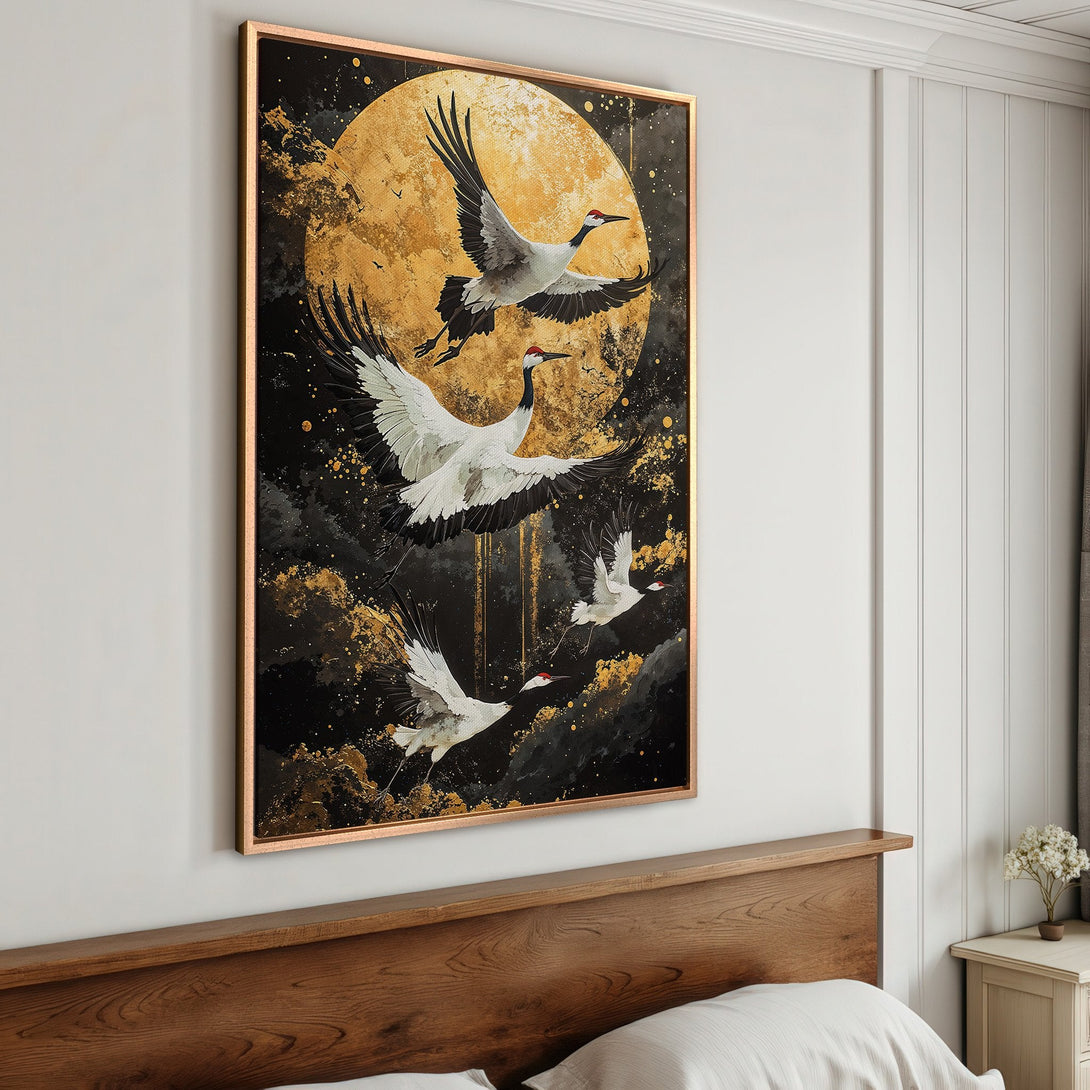 Framed Wall Art featuring elegant cranes in flight. Stunning gold, black, and white art print. Perfect for adding a touch of zen to your bedroom decor.