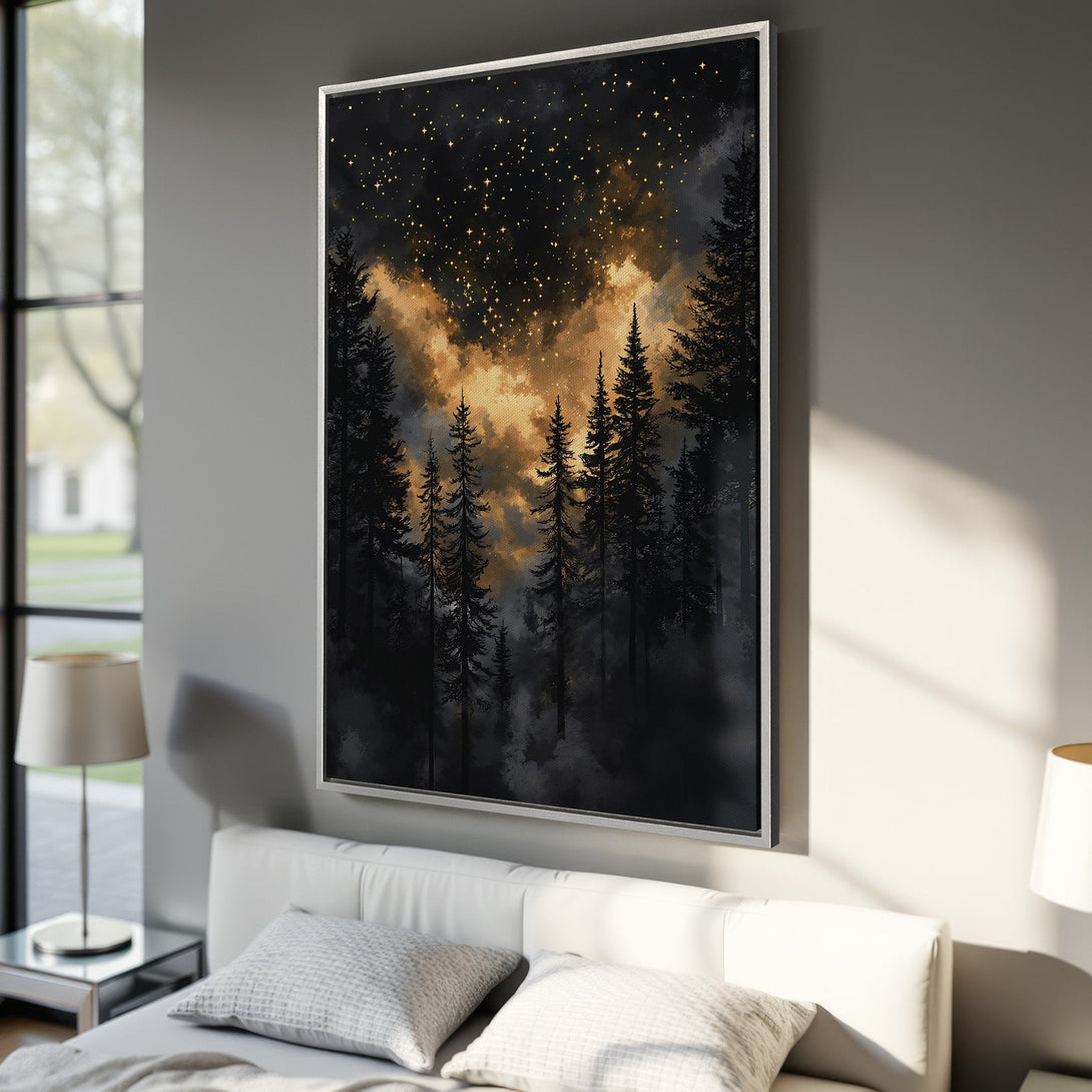 Framed Wall Art featuring a starry night forest scene in a moody, painterly style. Black, gold, and gray color palette. Perfect for adding a touch of nature to your space.
