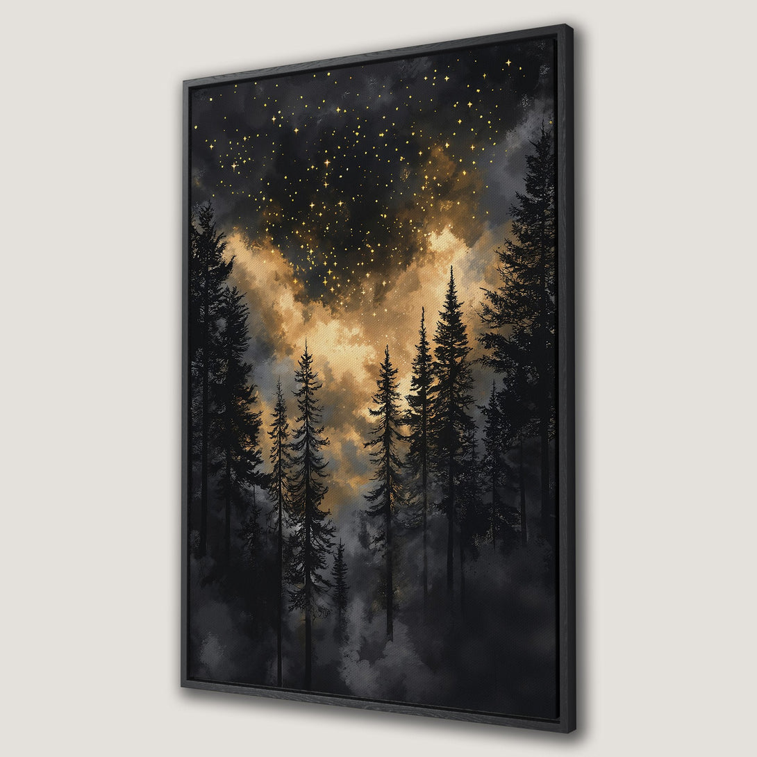 Framed Wall Art of a starry night forest scene. Moody, artistic style with a black, gold, and gray color palette. Perfect for adding a touch of nature to your home.