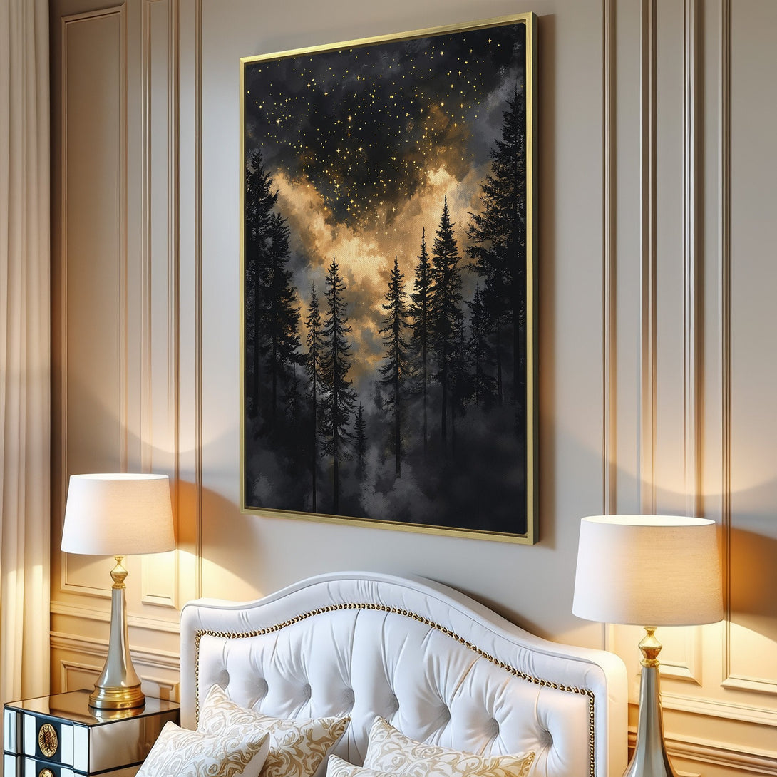 Canvas Print of a mystical forest scene with a dark, moody color palette. Perfect for adding a touch of nature to your home decor.