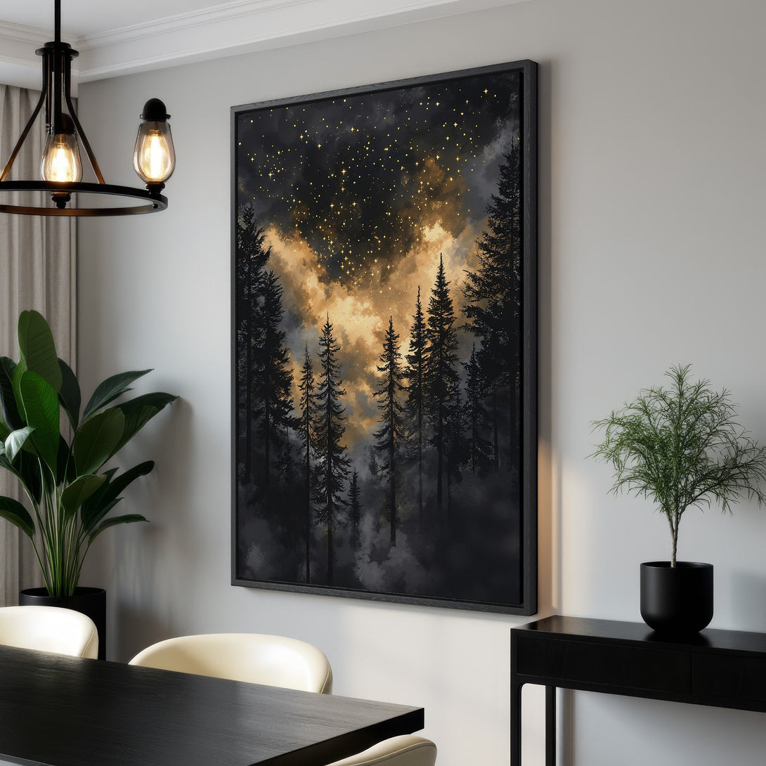 Framed Wall Art featuring a mystical forest scene with a dark, moody color palette. Perfect for adding a touch of nature-inspired elegance to your home decor.
