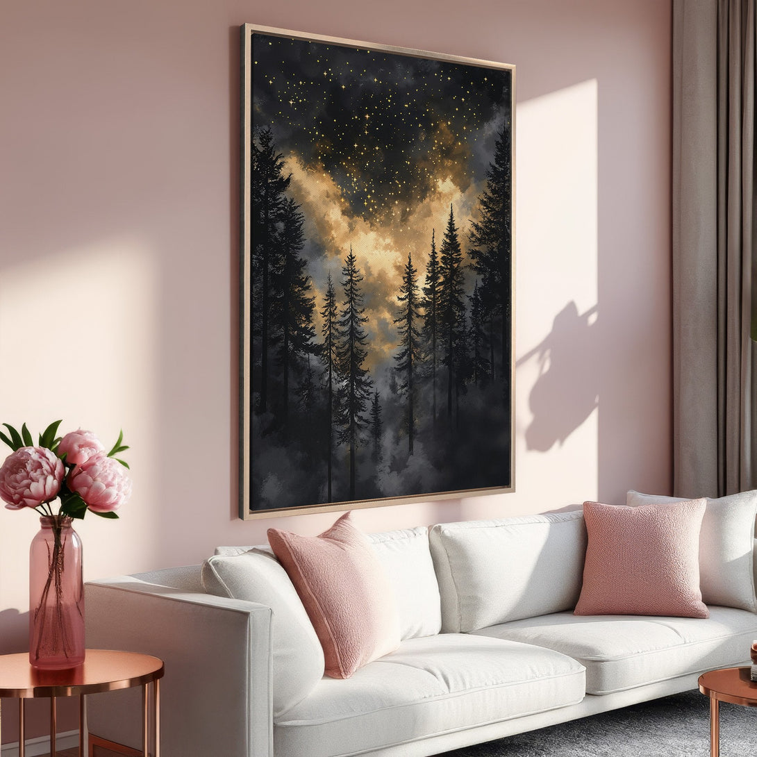 Framed Wall Art: Forest scene canvas print in a modern interior. Dark, moody artwork with a gold and black color palette. Perfect for adding a touch of nature.