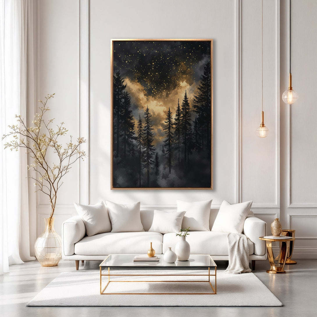 Framed Wall Art: Dramatic forest scene in a modern living room. Black, gold, and white color palette. Perfect for adding a touch of nature to your space.