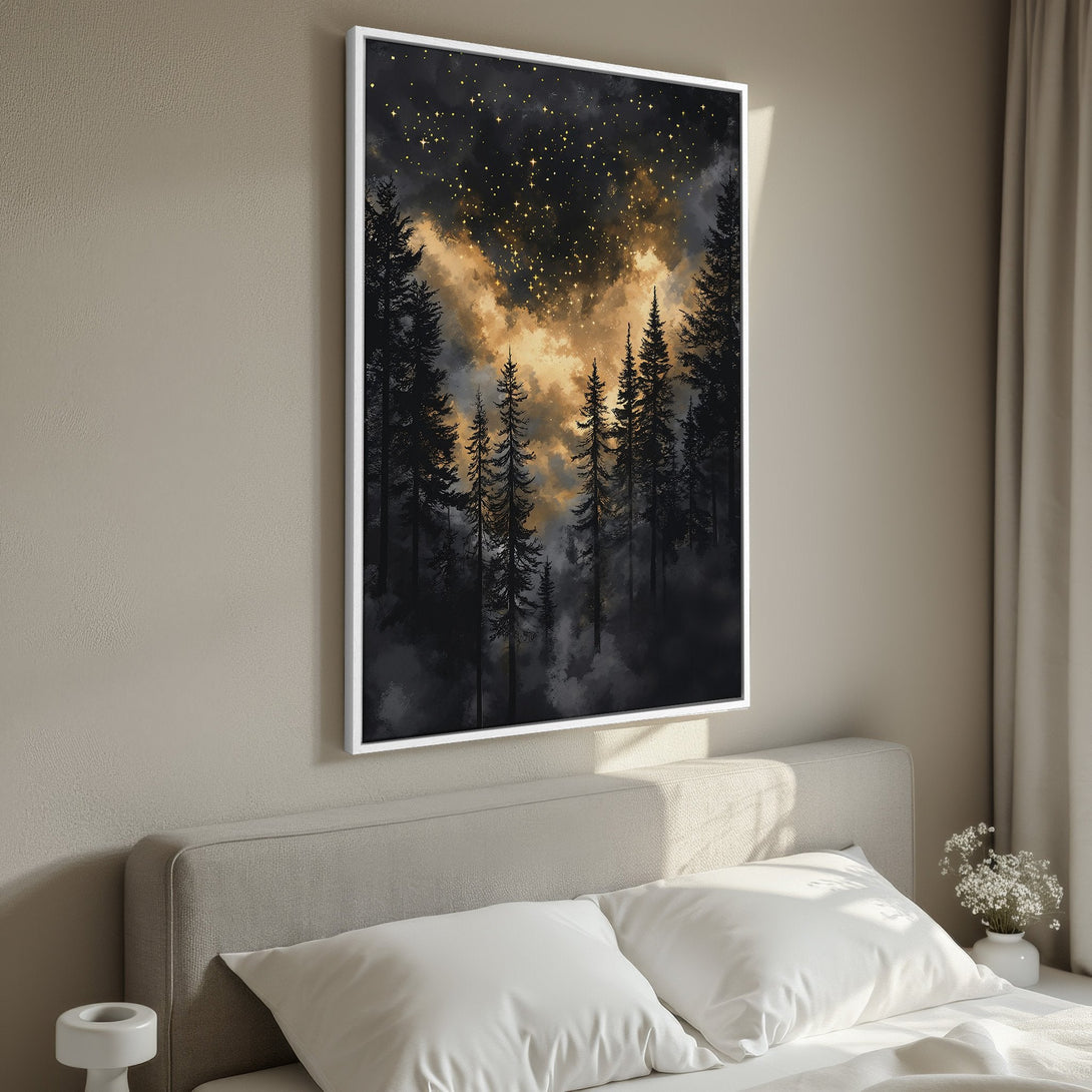 Framed Wall Art: Forest scene canvas print with a dramatic sky and silhouetted trees in a moody black, gold, and gray color palette. Perfect bedroom decor.