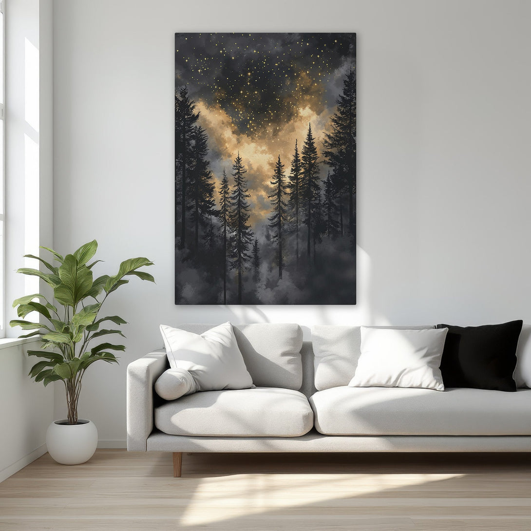 Framed Wall Art featuring a serene forest scene in a dark, moody style with a gold and black color palette. Perfect for adding a touch of nature to your space.