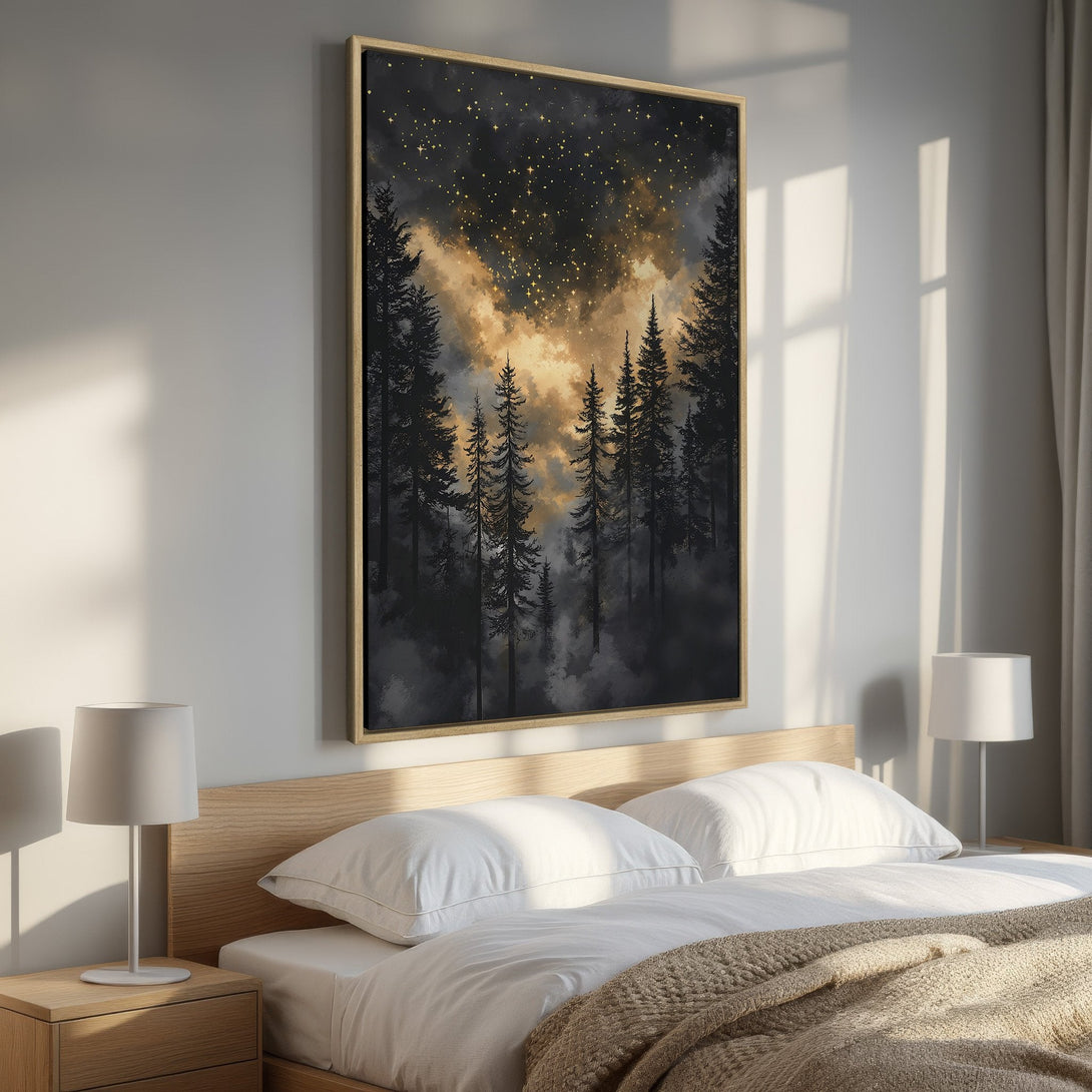 Framed Wall Art: Forest scene canvas print with a starry sky. Dark, moody painting with gold and black tones, perfect for bedroom decor.