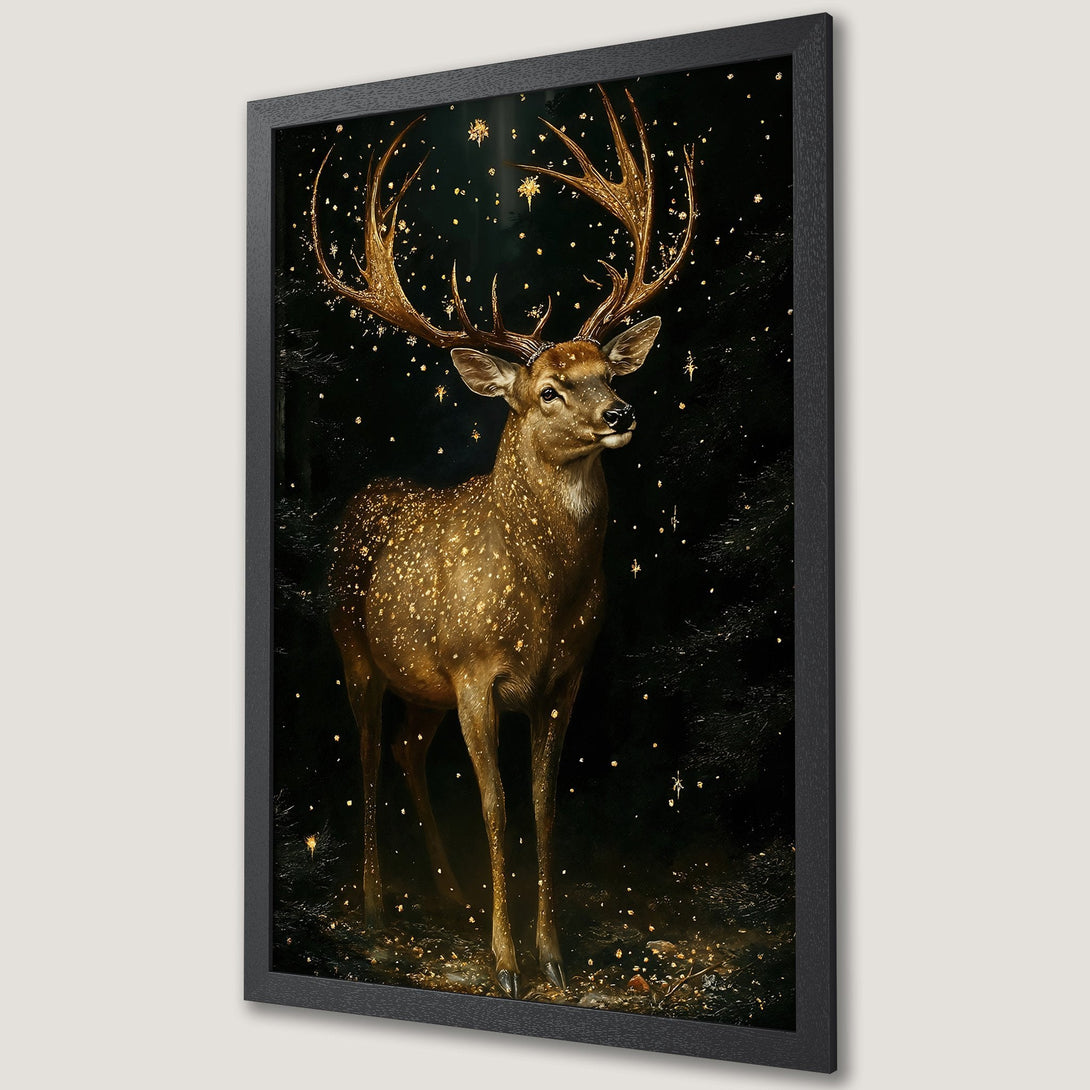 Framed Poster featuring a majestic stag in a forest, with a warm, autumnal color palette. Perfect for home decor!