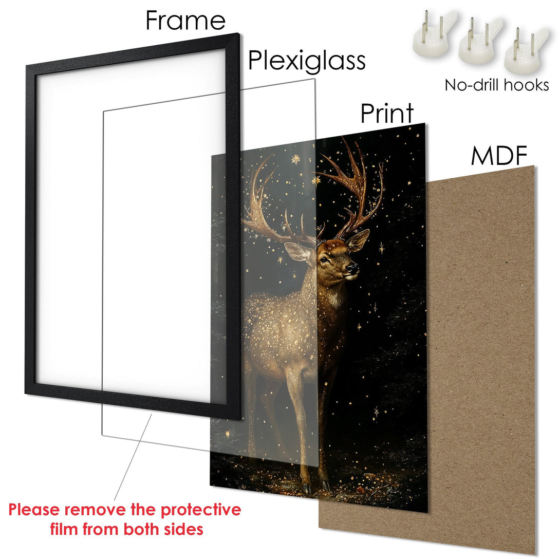 Framed Poster featuring a majestic deer in a forest. Artistic style with a warm, earthy color palette. Perfect wall art for your home!