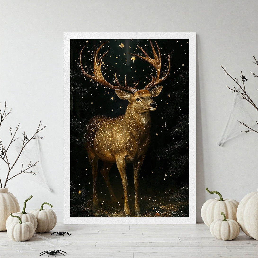 Framed Poster featuring a majestic deer in a forest, painted in a warm, autumnal palette of browns, oranges, and greens.