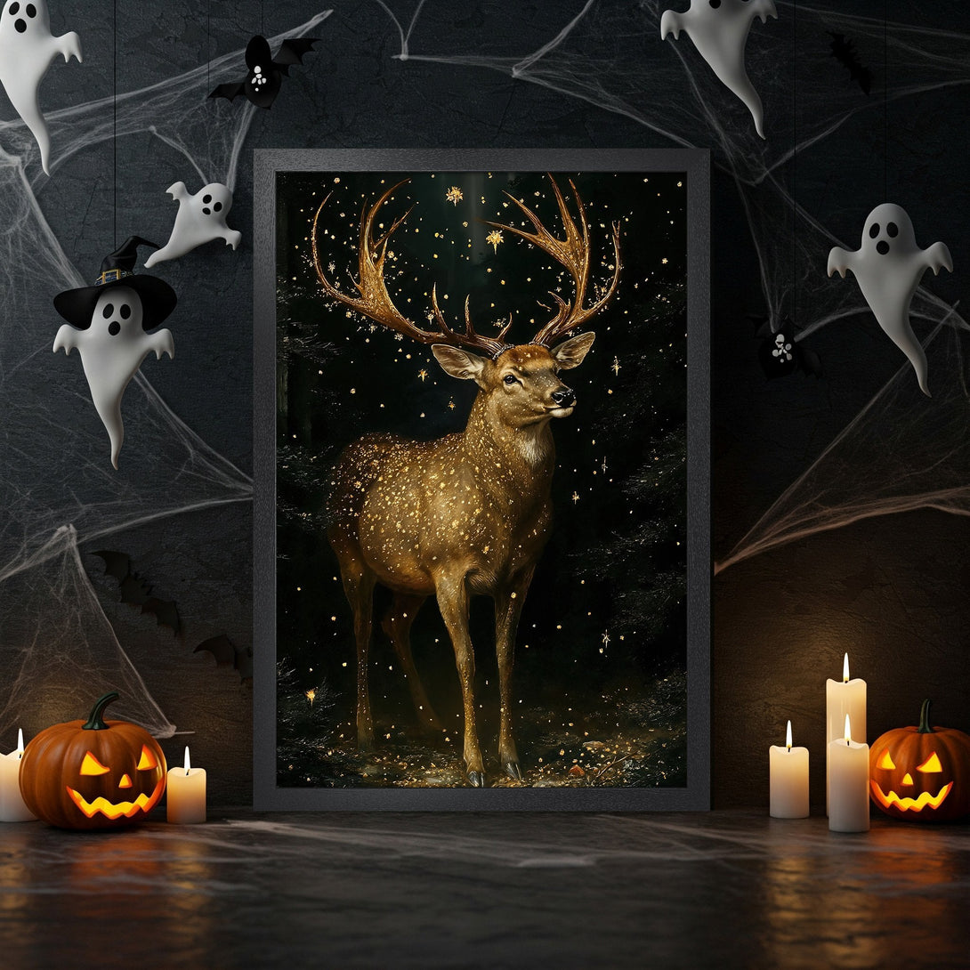 Framed Poster featuring a majestic stag in a forest, earthy tones with a Halloween theme. Perfect wall art for fall decor.