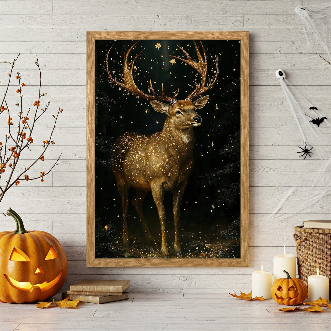 Framed Poster featuring a majestic deer in a forest, painted in a warm, autumnal color palette. Perfect for fall decor!