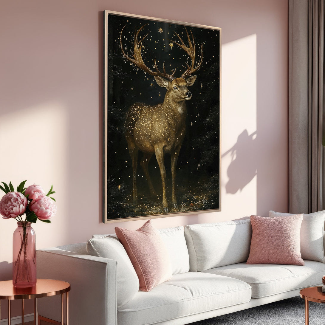 Framed Wall Art featuring a majestic stag in a forest. Earthy tones with a touch of pink. Perfect for adding a touch of nature to your home decor.