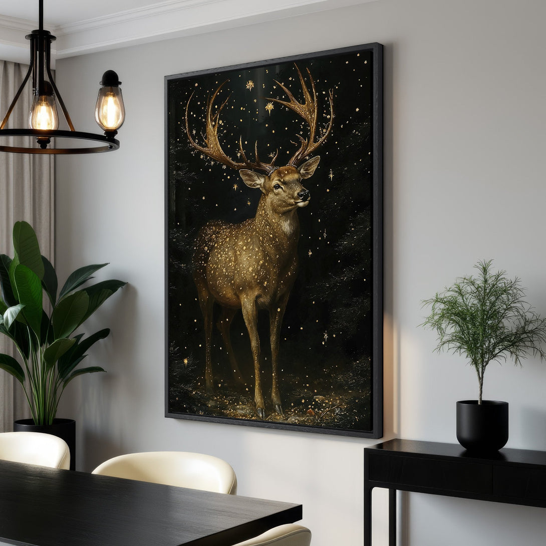 Framed Wall Art: Majestic deer canvas print in warm earth tones. Rustic style with a touch of elegance. Perfect for living rooms and bedrooms.