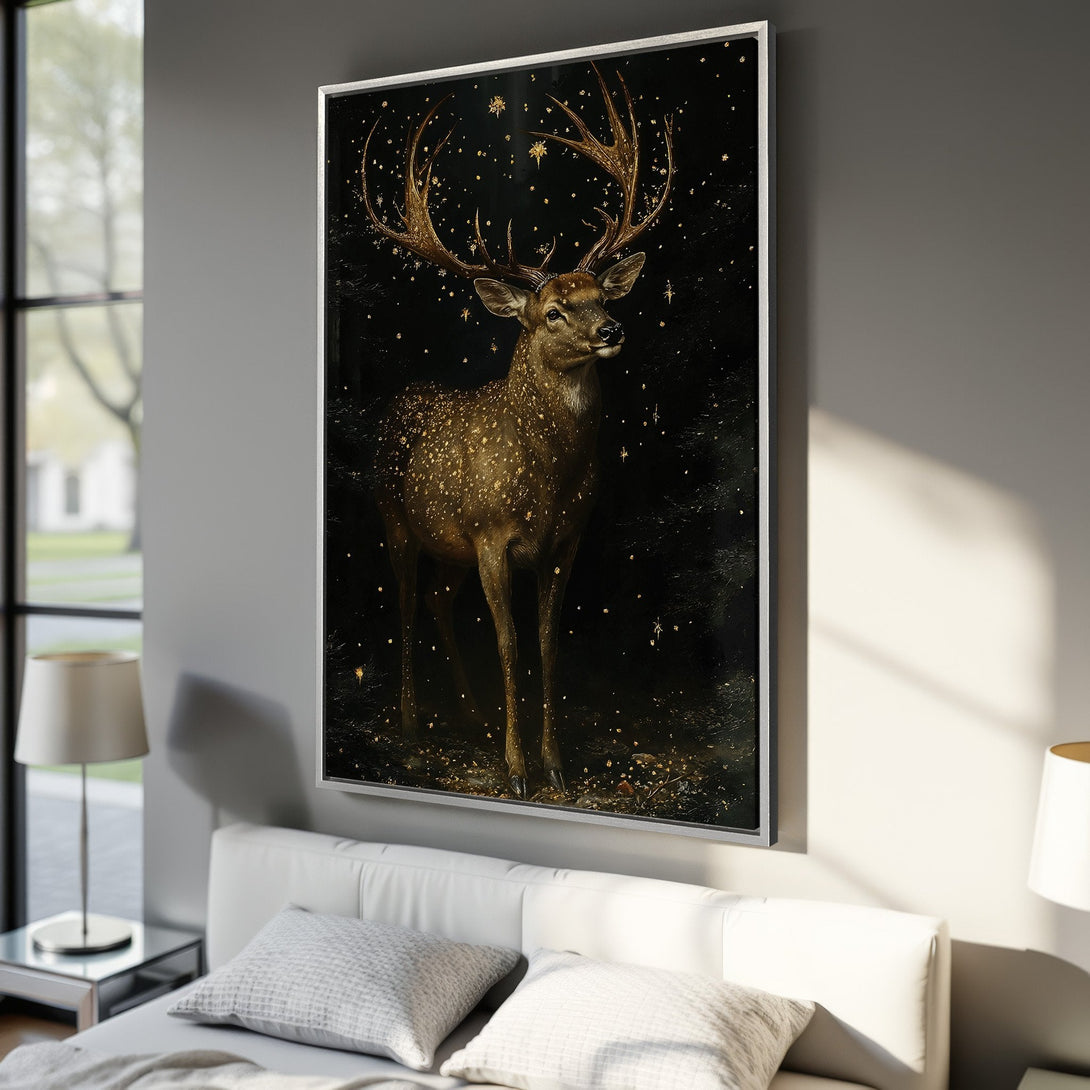 Framed Wall Art: Majestic deer painting in a dark, moody style with a warm, earthy color palette. Perfect for adding a touch of nature to your home decor.
