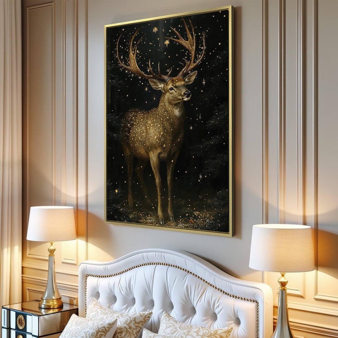 Canvas Print of a majestic stag in a forest, featuring a warm, earthy color palette. Perfect for adding a touch of nature-inspired elegance to your home!