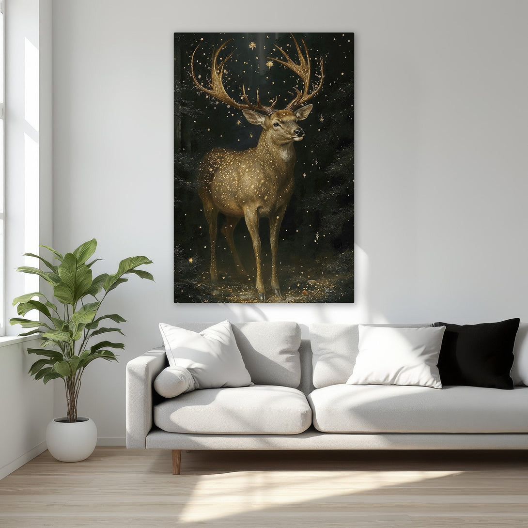 Framed Wall Art featuring a majestic stag in a forest, rich in earthy tones. Enhance your space with this elegant, warm-toned canvas print.