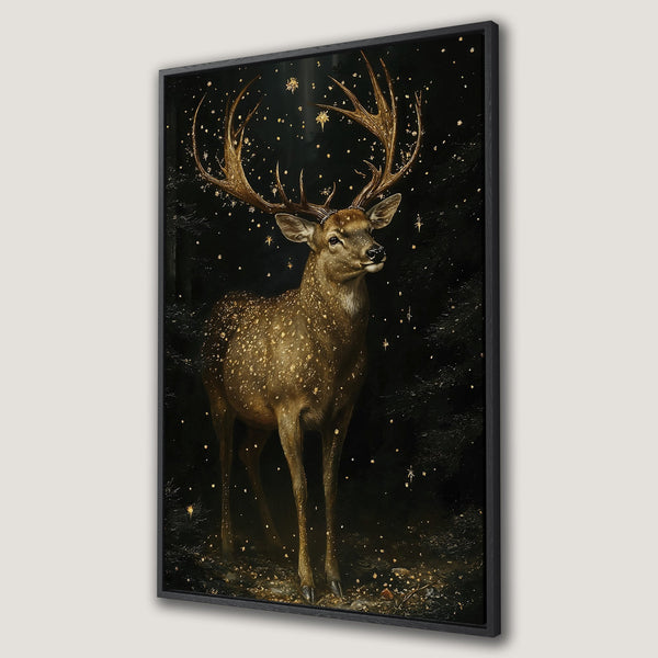 Framed Wall Art featuring a majestic stag in a forest scene. Rich, warm color palette with browns and golds. Perfect for adding a touch of nature to your home.