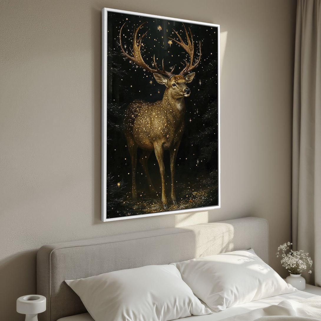 Framed Wall Art: Majestic stag painting in a dark, moody style with earthy tones. Perfect for adding a touch of nature and elegance to any room.