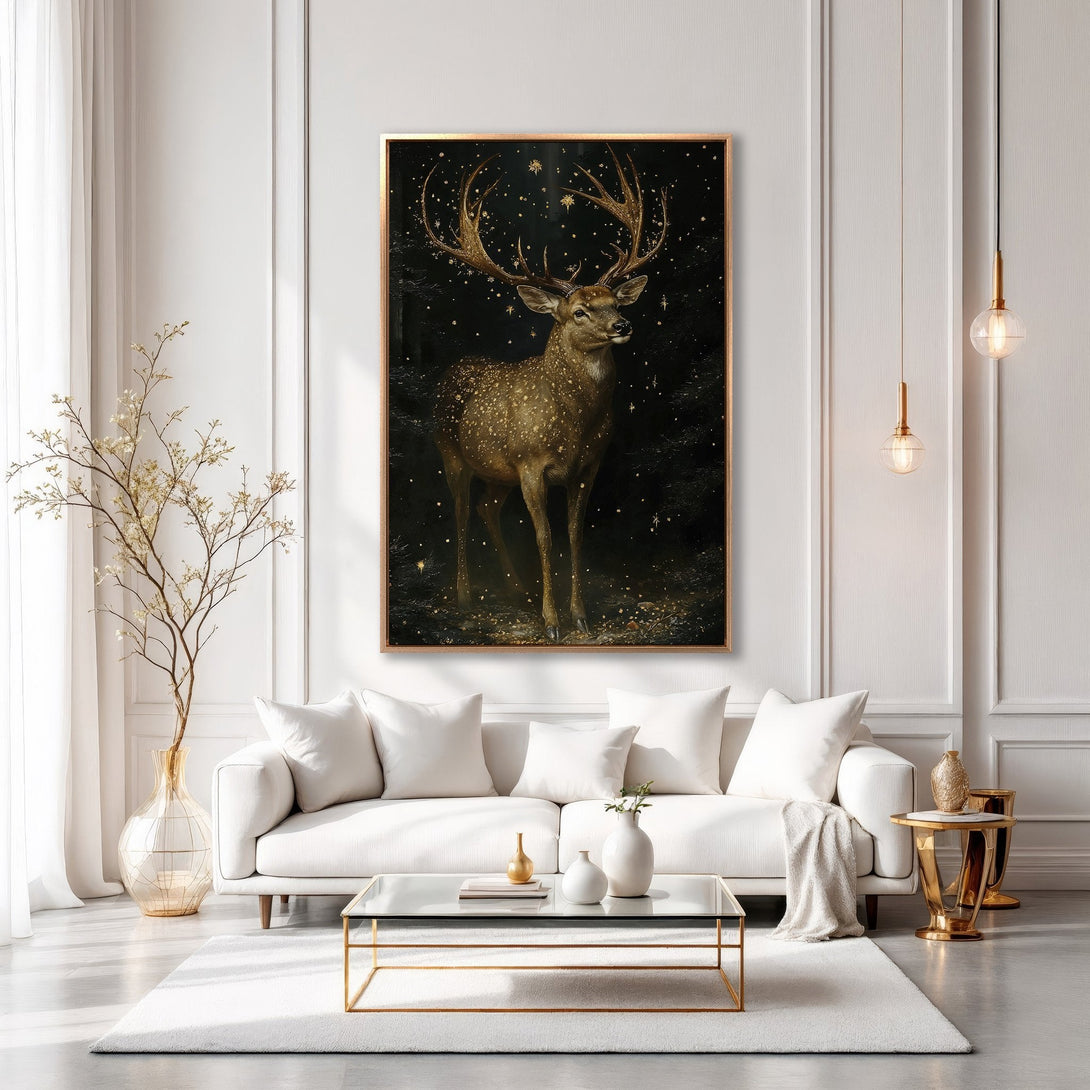 Framed Wall Art: Majestic stag canvas print in a moody, painterly style. Earthy tones of brown, gold, and green create a sophisticated interior accent.