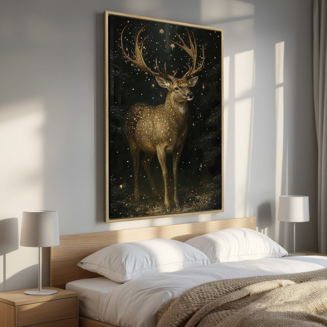 Framed Wall Art: Majestic stag canvas print in a moody, painterly style with warm earth tones and pops of red. Perfect for bedroom decor.