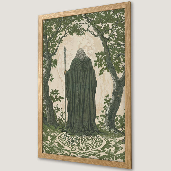 Framed Poster featuring a wizard in a forest, vintage style, green and beige color palette. Perfect wall art!