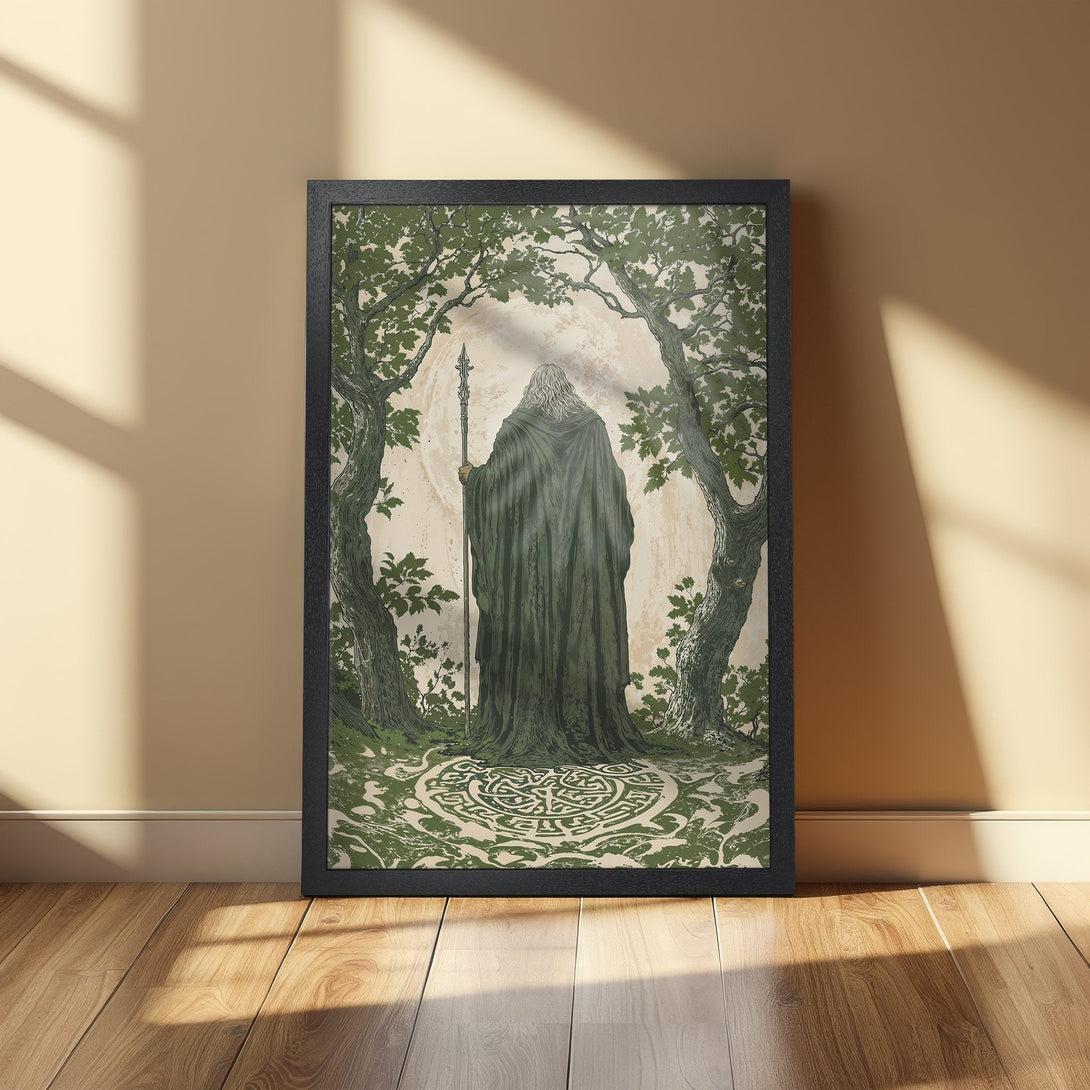 Framed Poster featuring a wizard in a forest, vintage style, green and beige color palette. Perfect wall art!