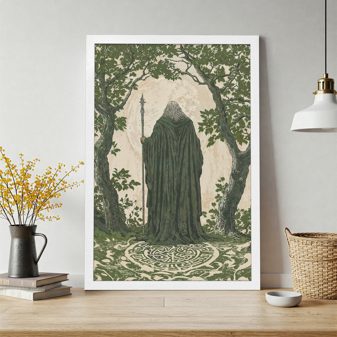 Framed Poster featuring a wise figure in a forest, vintage style, green and beige color palette. Perfect wall art!