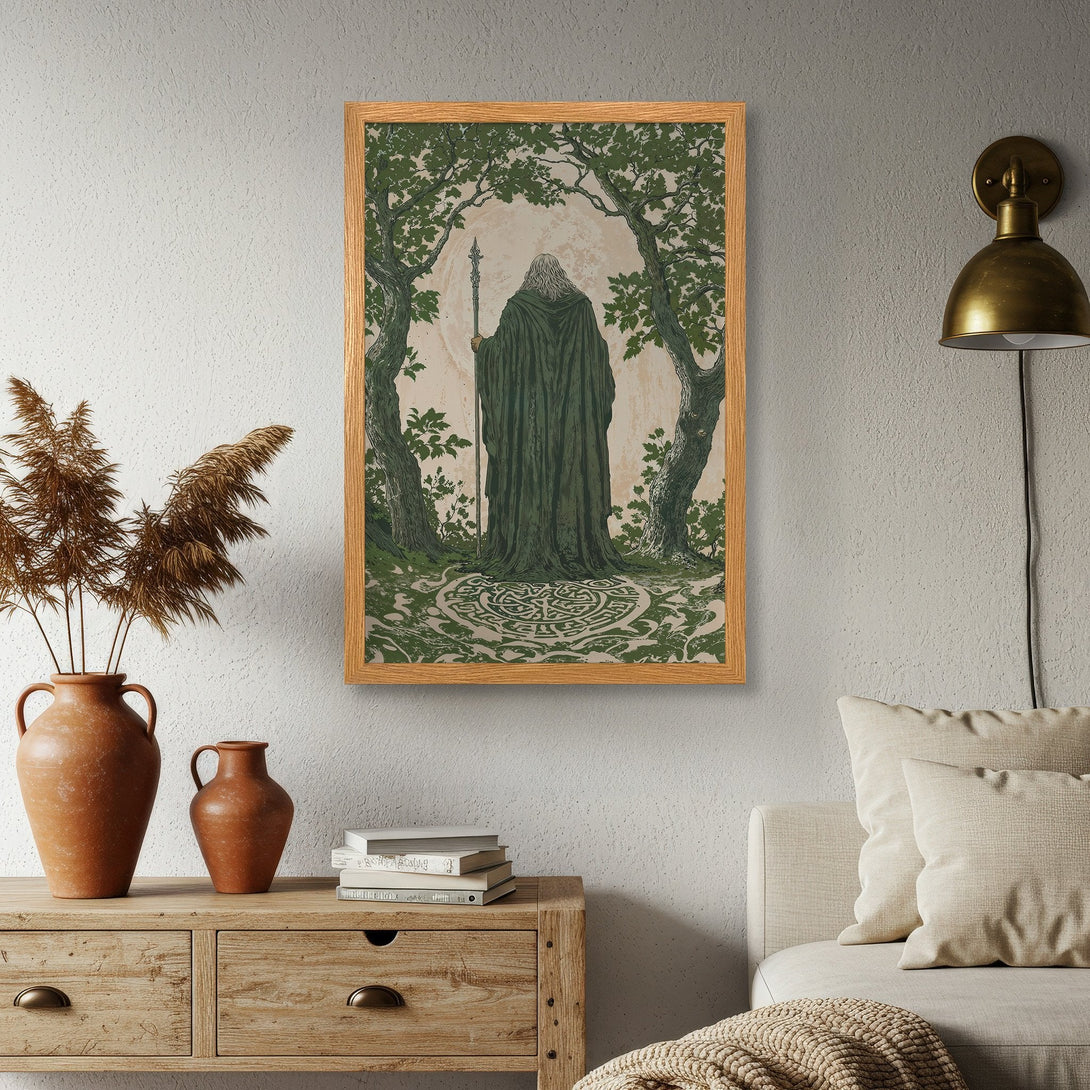 Framed Poster featuring a mystical figure in a forest, artistic style, with green and beige tones. Perfect wall decor!