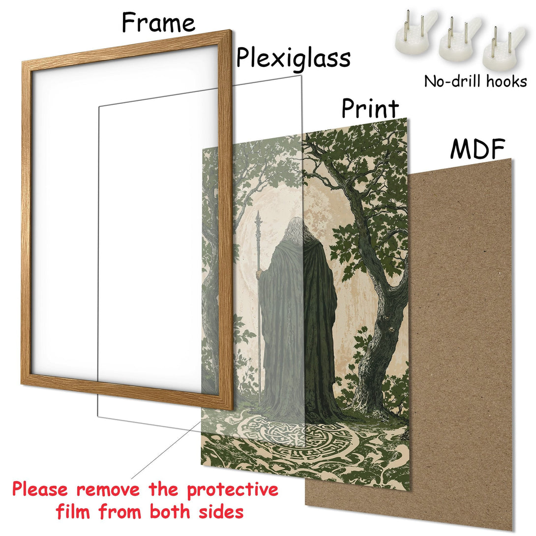 Framed Poster: Fantasy art print featuring a wizard in a forest, earthy tones. Ready to hang wall art.
