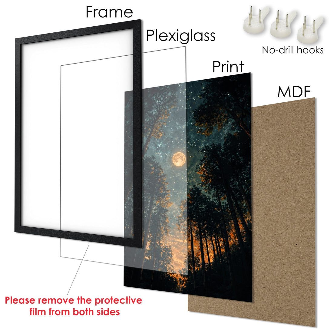 Framed Poster featuring a forest scene with a moon, in a dark, natural color palette. Perfect wall art for any room!