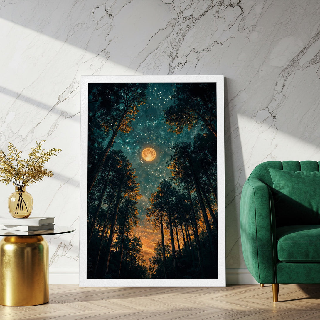 Framed Poster of a forest scene with a full moon, featuring a dark teal and orange color palette. Perfect for adding a touch of nature to your home!