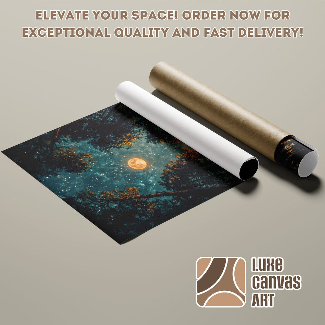 Poster Roll featuring a dreamy night sky scene, rich blues & golds. Elevate your space with this art poster!