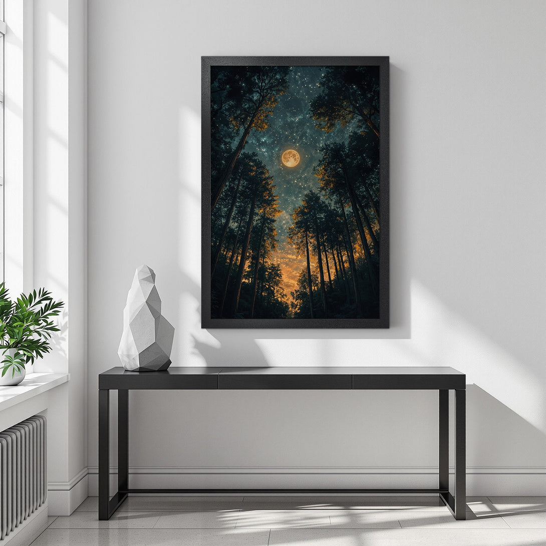 Framed Poster of a forest scene with a full moon, featuring a dark and moody color palette. Bring nature's beauty indoors!