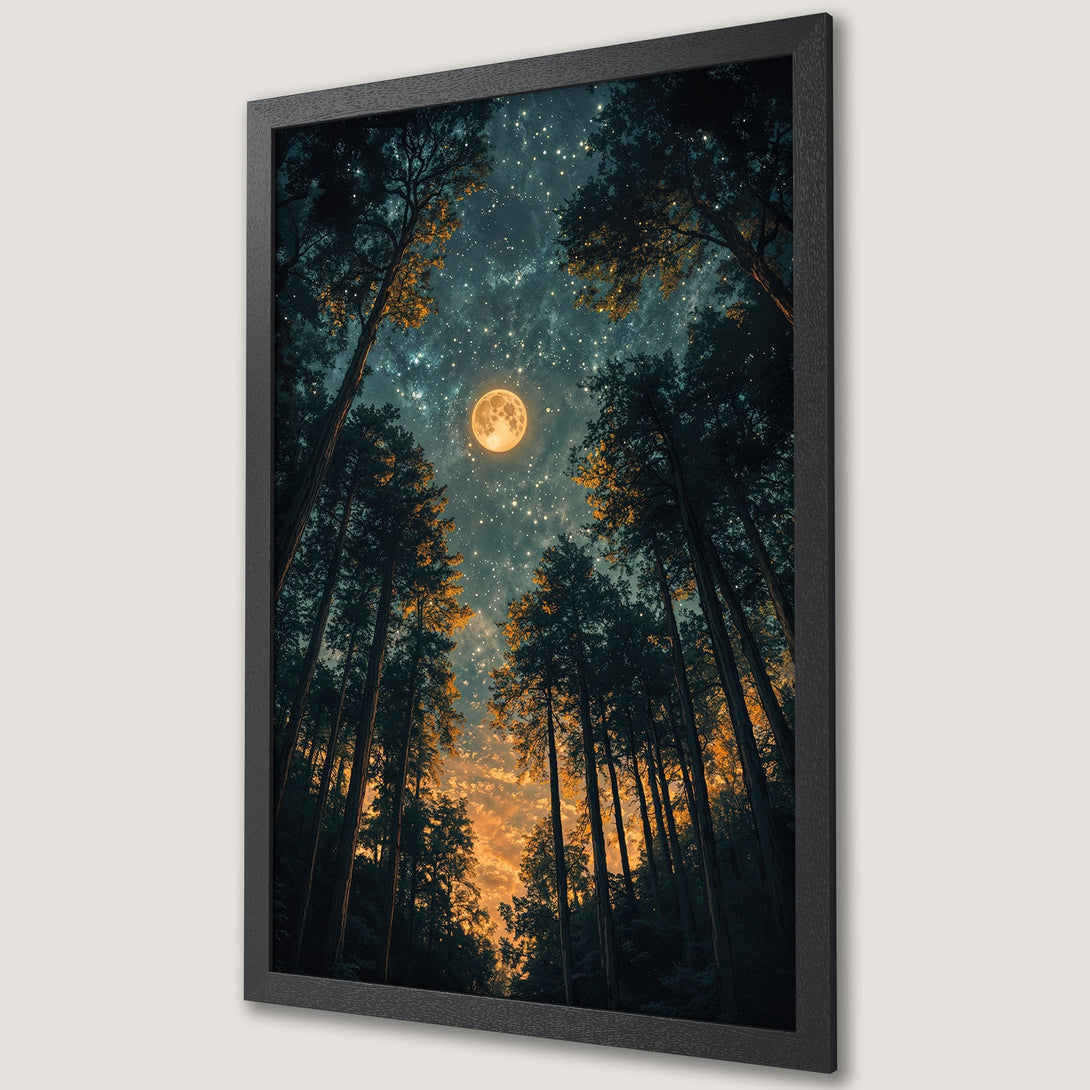 Framed Poster of a moonlit forest, showcasing a dreamy style with a dark teal and gold color palette. Perfect wall art for any room.
