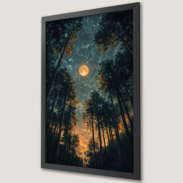 Framed Poster of a moonlit forest, showcasing a dreamy style with a dark teal and gold color palette. Perfect wall art for any room.