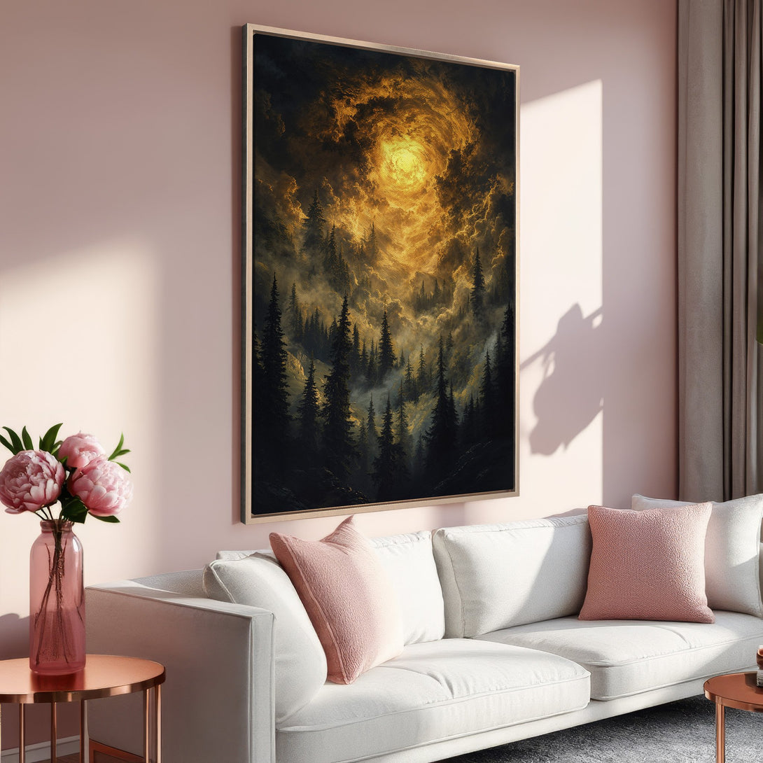 Framed Wall Art: Dramatic forest scene with golden light. Dark, moody landscape art in a warm, inviting interior with pink accents. Elevate your space!