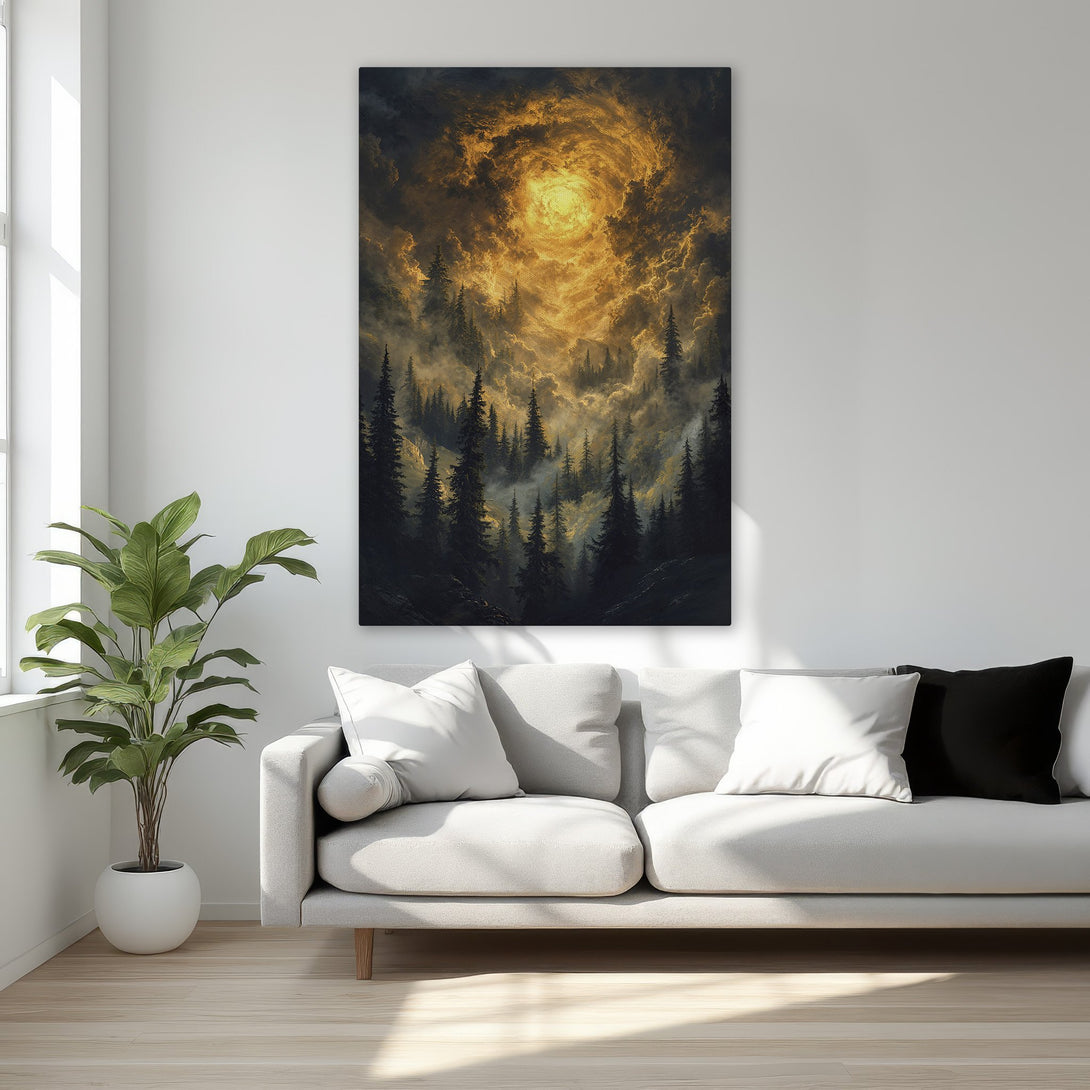 Framed Wall Art: Dramatic forest scene with golden light. Add a touch of luxury with this stunning canvas print, perfect for any room.