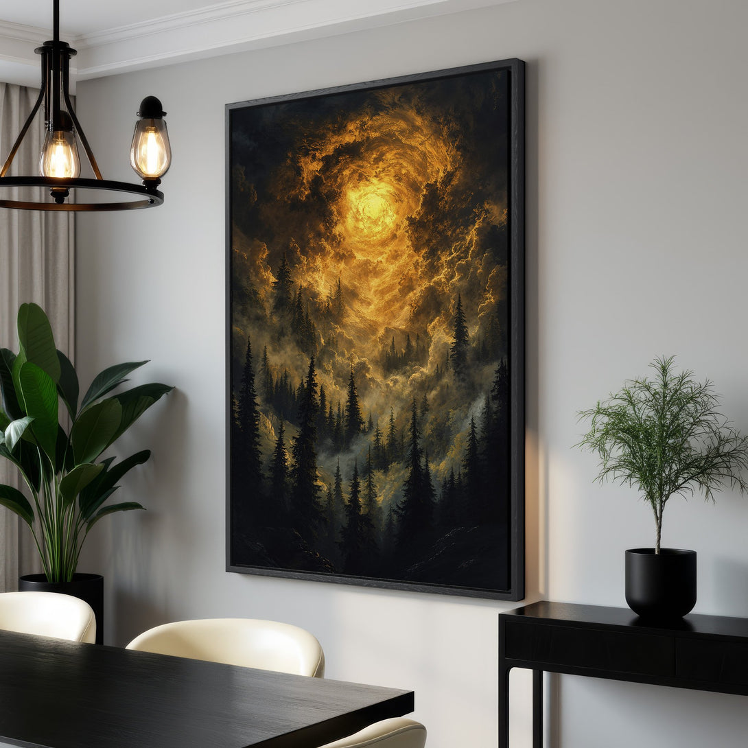Framed Wall Art: Dramatic forest scene Canvas Print with a warm, golden color palette. Elevate your space with this stunning, atmospheric artwork.