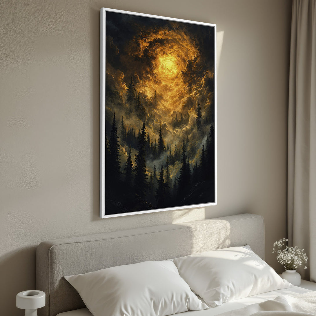 Framed Wall Art: Dramatic forest scene with swirling golden light. Adds a touch of mystery and warmth to any space. Perfect for bedroom decor.