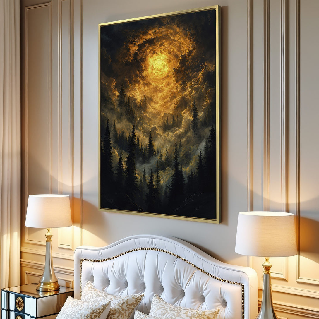 Canvas Print of a mystical forest scene with a golden sky. Dark, moody tones create a dramatic aesthetic for your home decor.