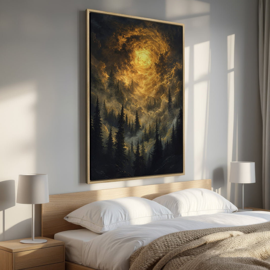 Framed Wall Art: Majestic forest scene in warm gold and black tones. Enhance your space with this stunning landscape canvas print.
