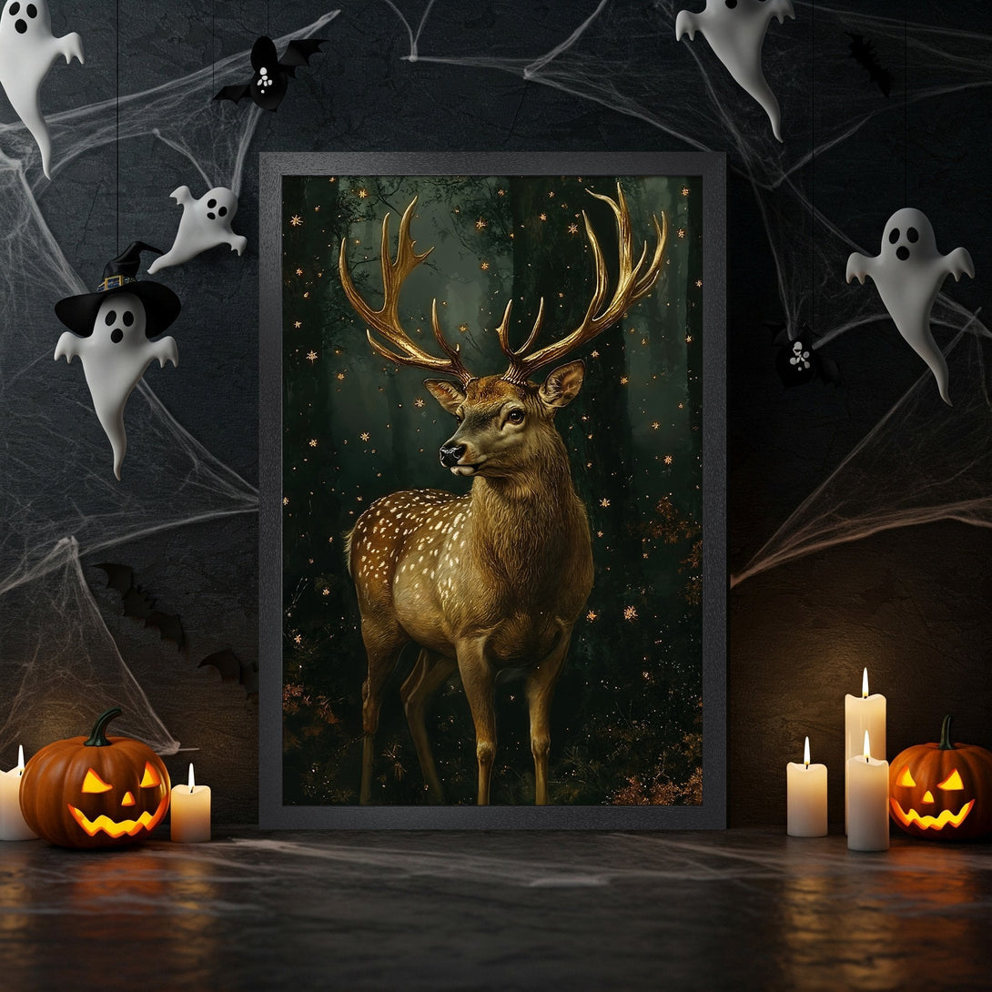 Framed Poster featuring a majestic deer with gold accents, dark & moody style, and a Halloween color palette. Perfect wall art!