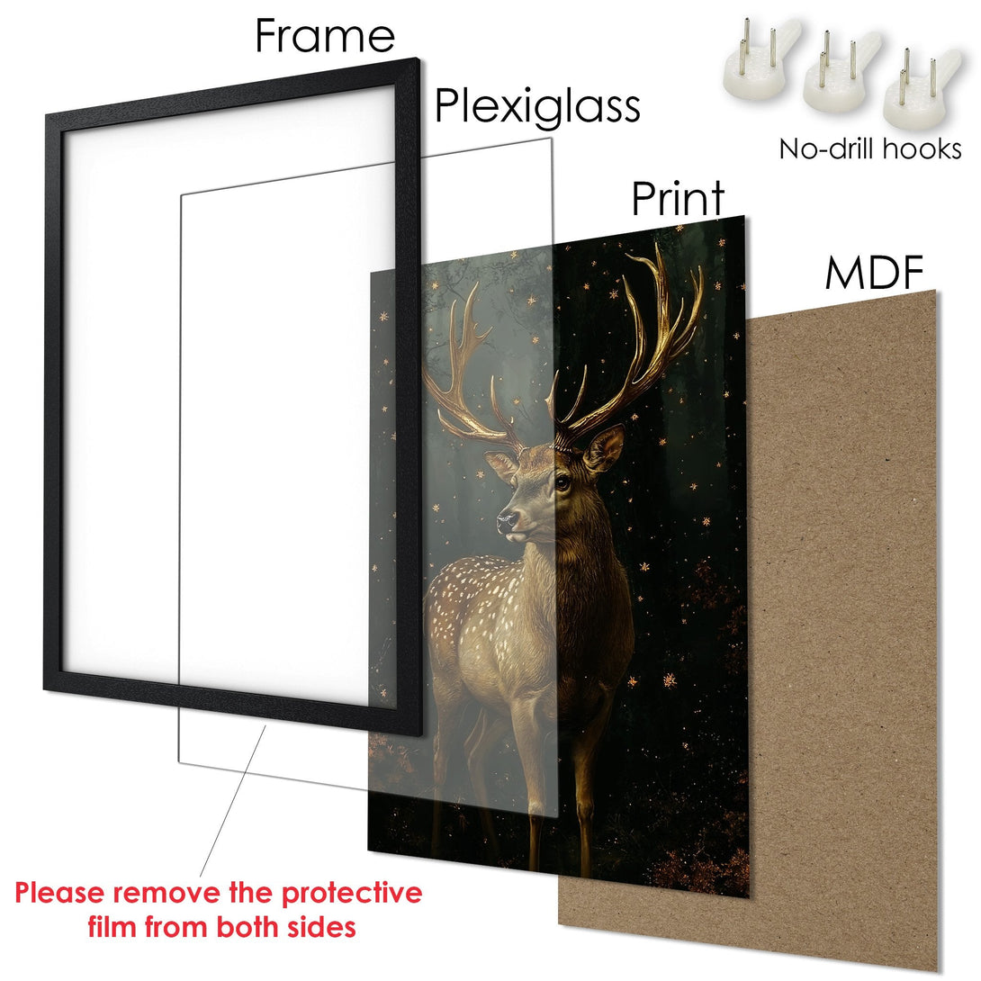 Framed Poster featuring a majestic deer in a dark, artistic style with gold accents. Elegant wall art for your home.