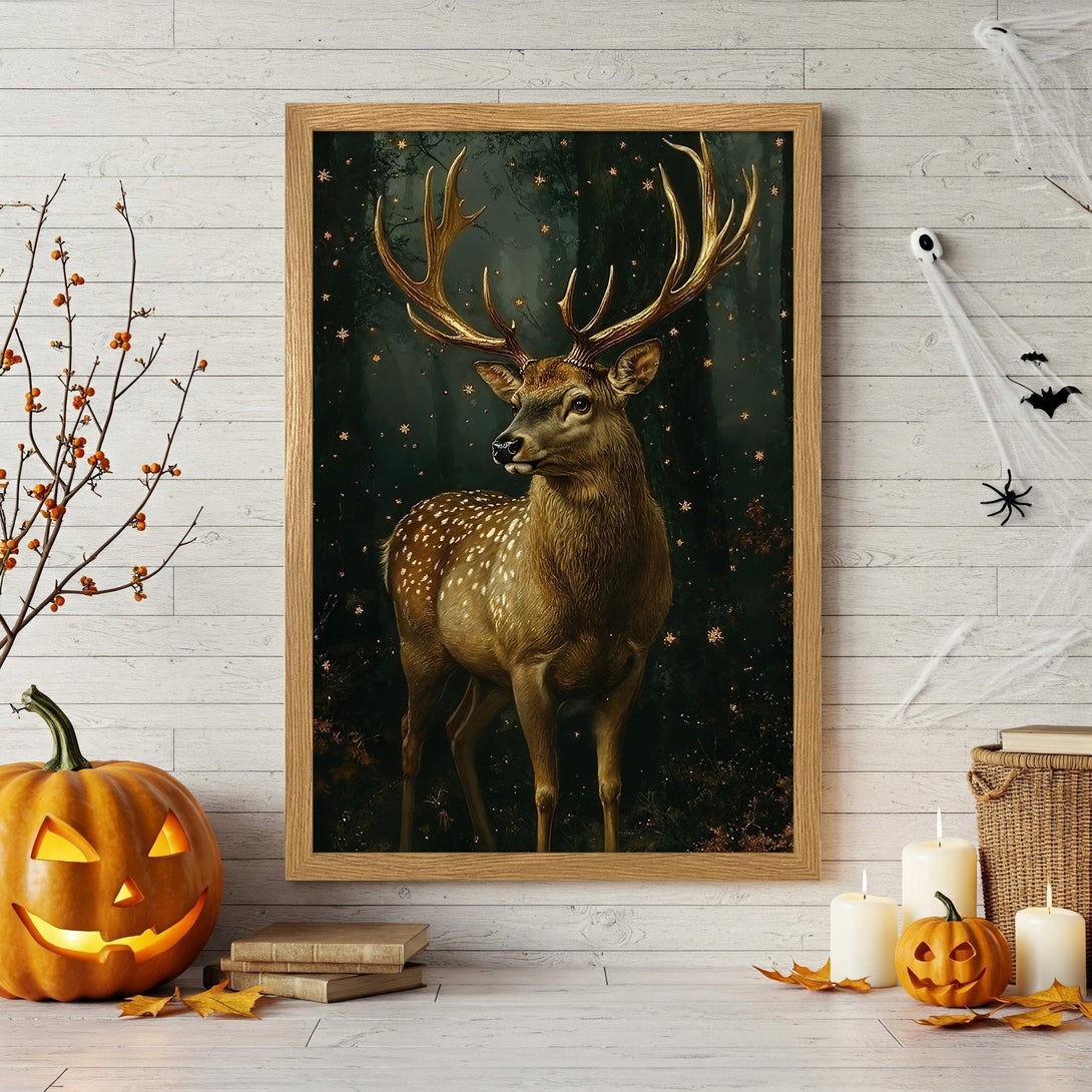 Framed Poster featuring a majestic deer with a gold sparkle effect, set against a dark background. Warm, autumnal color palette.